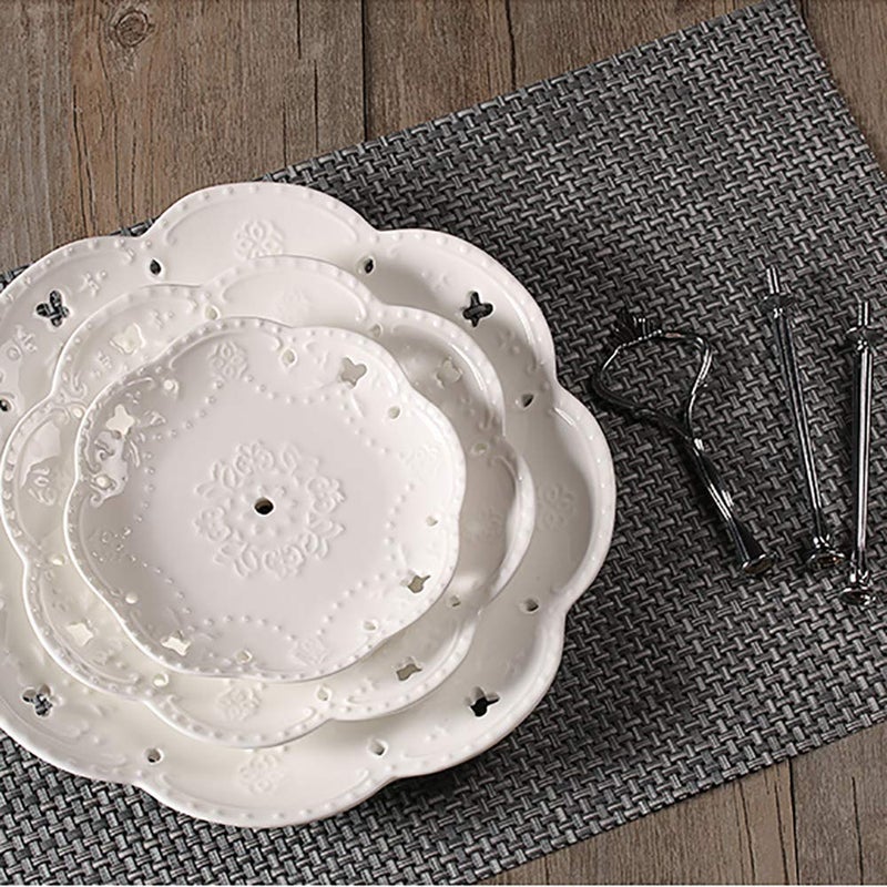 BonNoces 3-Tier Porcelain Cupcake Stand Serving Tray - White Embossed Elegant Dessert Cake Stand - Pastry Serving Stand for Tea Party, Wedding and Birthday - Image 4